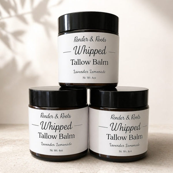 Whipped Tallow Balm in amber glass jars — grass-fed tallow skincare by Render & Roots